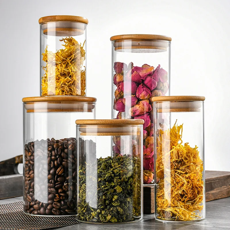 Glass Food Storage Jars with Airtight Bamboo Lid Food Container for Coffee Beans Tea Leaves Cookies Nuts Cereal Storage Canister