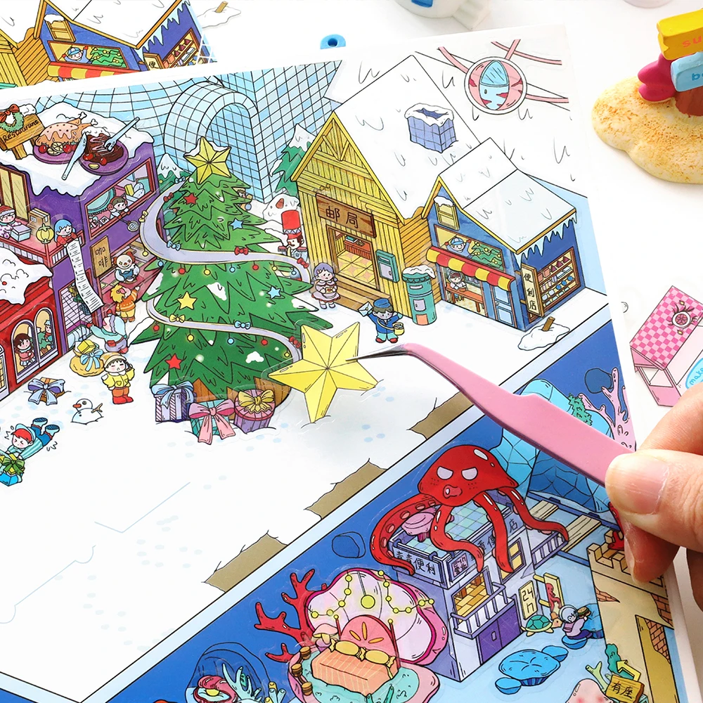 2 Packs Ice Resort & Sunset Resort 2.5D Diorama Stickers Extra Large Scene Decals for Journal Scrapbooking Winter Vacation Theme