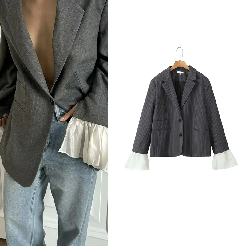 

Loose Striped Suit Jaet Women's Faionable Detachable Sve Patchwork Casual Sle Long Sve Formal Top for Autumn