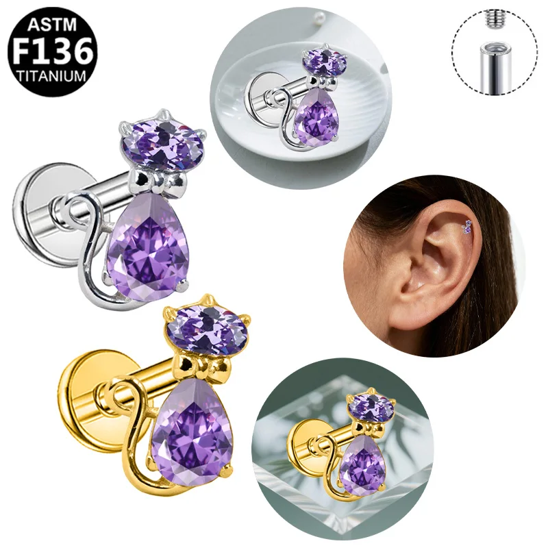 ASTM F136 Titanium Internally Threaded Labret Studs, Cute Cat Purple Teardrop CZ Dangle Cartilage Earrings, Kawaii Helix Tragus