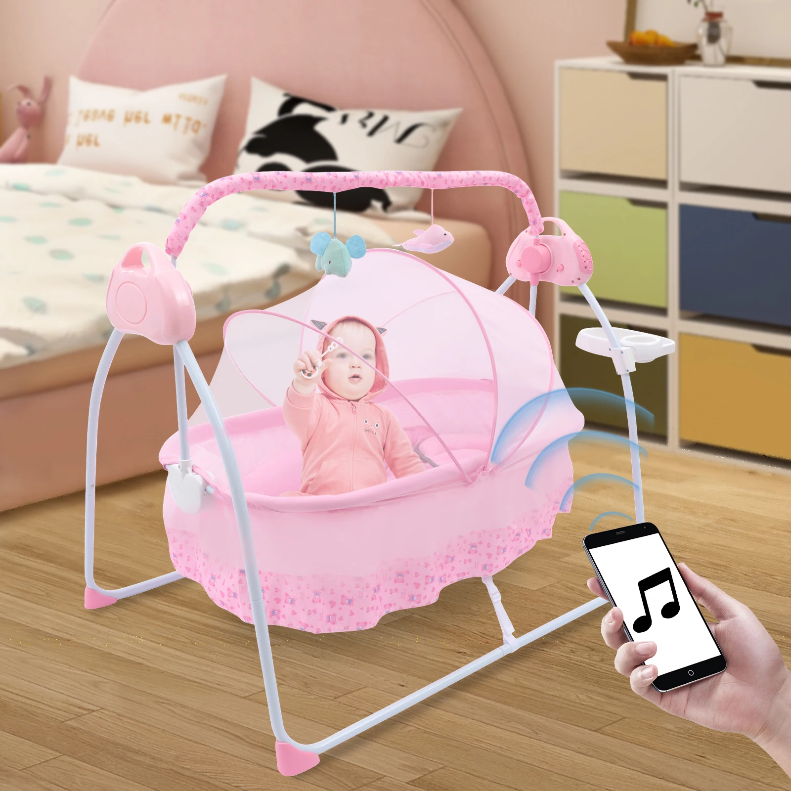 Portable Electric Baby Swing Cradle with Adjustable Amplitude (5 Gears), Remote Control, Foldable Design, Mosquito Net, and