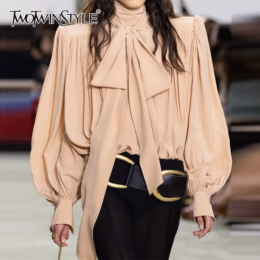 

TWOTWINSTYLE Solid Spliced Lace Up Chic Shirt Female O Neck Long Sleeve Loose Elegant French Women's Shirts Autumn Fashion New