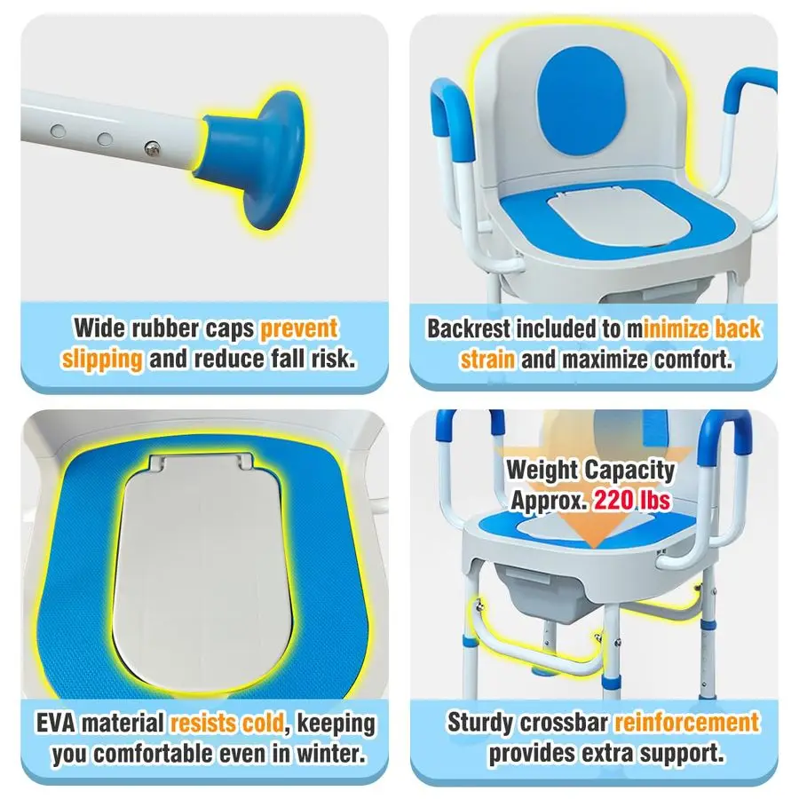 

Портативное кресло-туалет для пожилых людей, регулируемое прикроватное кресло-туалет с подлокотниками и выдвижным ведром, 5 уровней регулировки высоты, без запаха, двойное сиденье