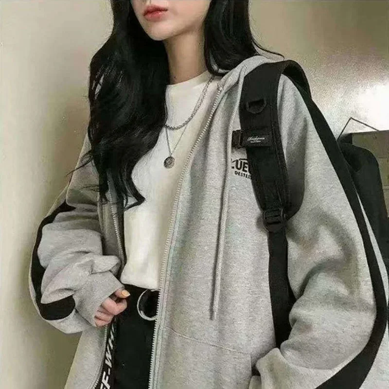 Outono feminino oversized moletom harajuku y2k cordão com capuz zip up coreano casual solto bolso feminino streetwear topo