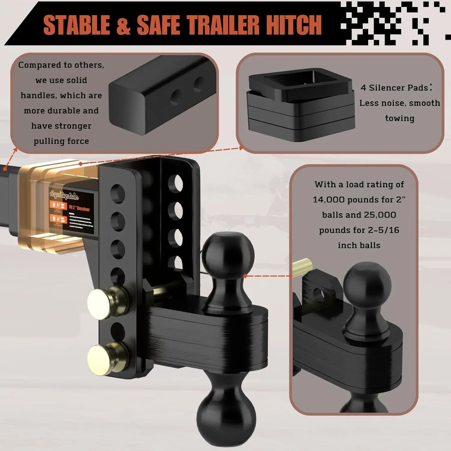2' Adjustable Trailer Hitch, 4' Rise/Drop, 2' & 2-5/16' Balls, 25000 Lbs Heavy Duty, RV, Camper, Boat Trailer