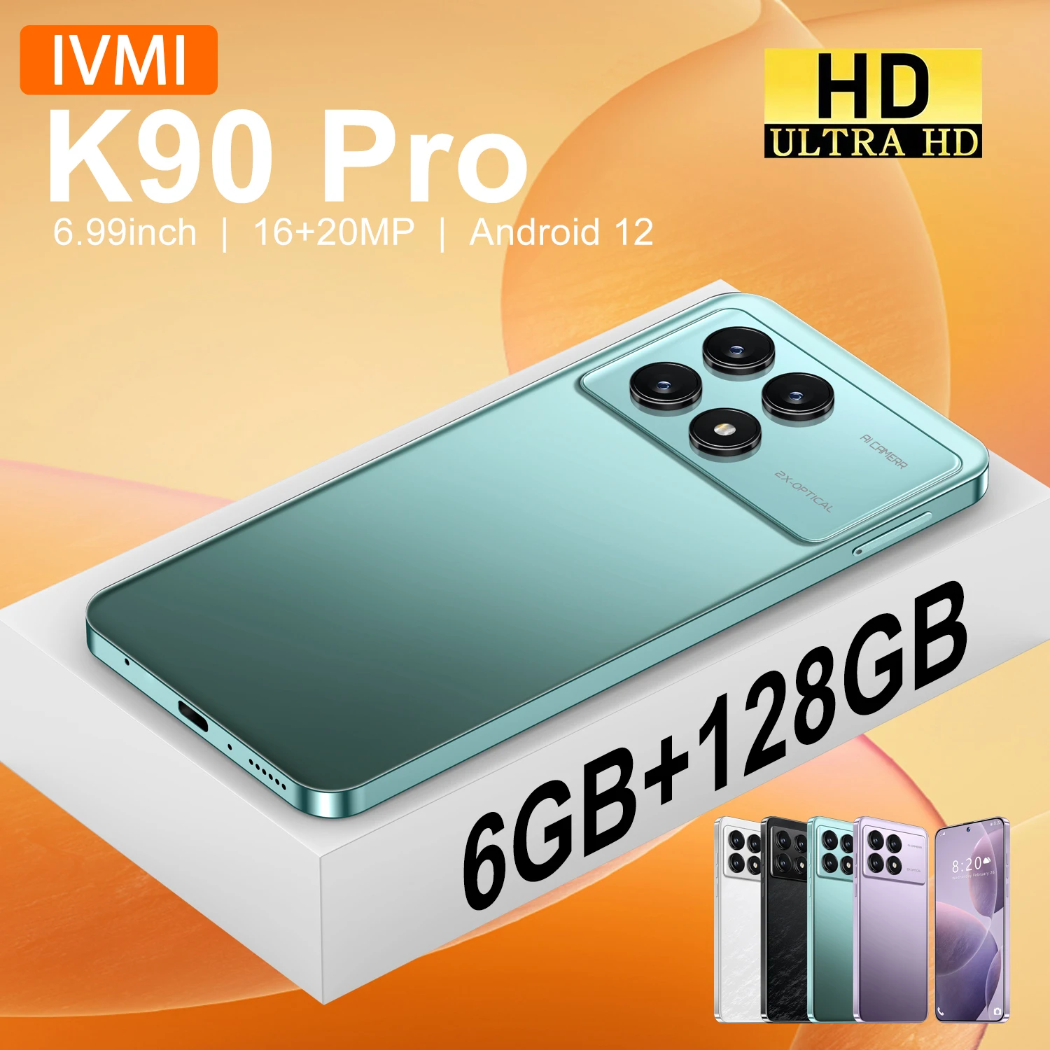

IVMI K90 Pro Smartphone 4G Dual Card Dual Standby Android12 6GB RAM 128GB ROM Global Version 4100mAh Battery 20MP Mobile Phones