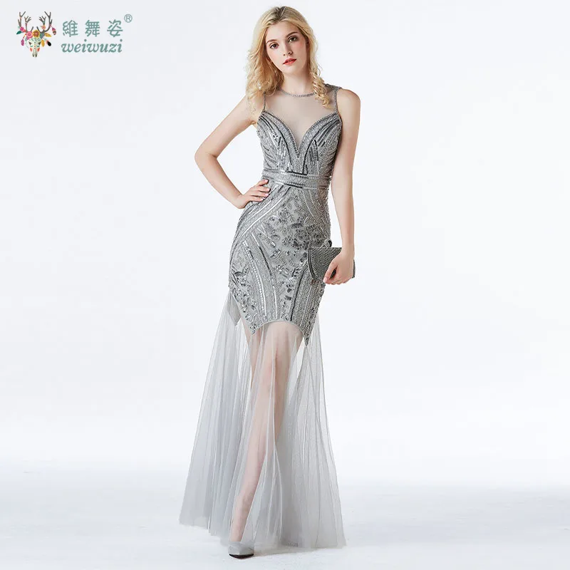女性ファッション高級ビーズスパンコールボディコンドレス 1920 年代ヴィンテージ V ネック背中の開いたメッシュ裾エレガントなイブニングドレスブライドメイドドレス