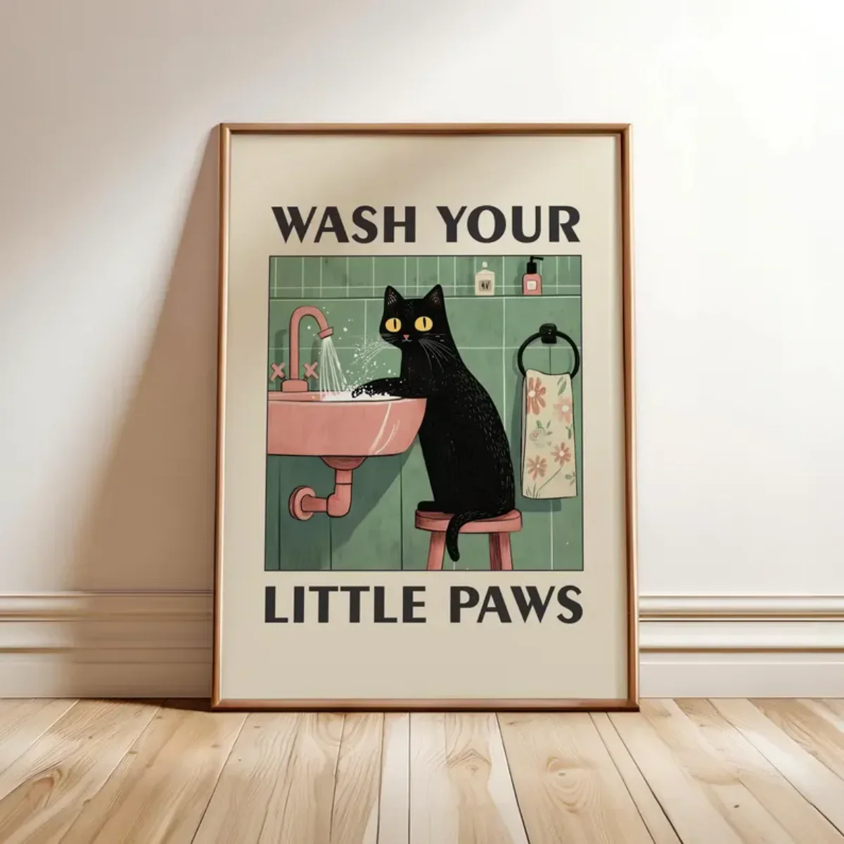 „Wasch deine Pfoten“ Katzenillustration Leinwanddrucke Poster Moderne Lustige Tierkunstdrucke Waschraum Badezimmer Heimdekoration Kunstdrucke