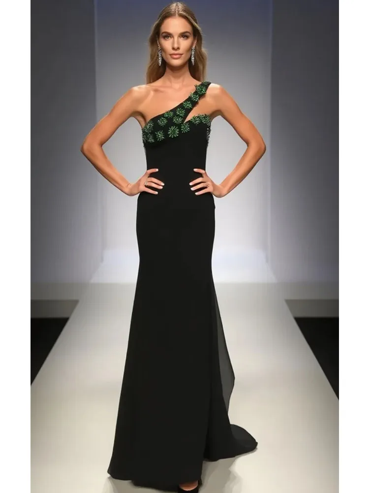 

Women Celebrity Sexy Summer One Shoulder Diamonds Black Maxi Long Bandage Bodycon Dress 2025 Elegant Evening Club Party Outfit