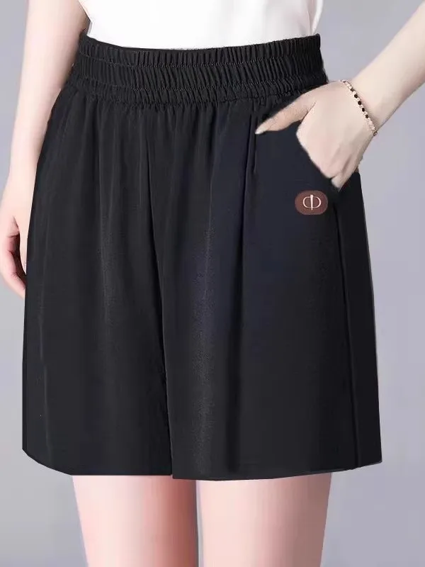 여성 여름 아이스 실크 와이드 레그 팬츠 얇은 신축성 허리 캐주얼 바지 엄마용 티셔츠-쿼터 길이 폴리에스터 섬유