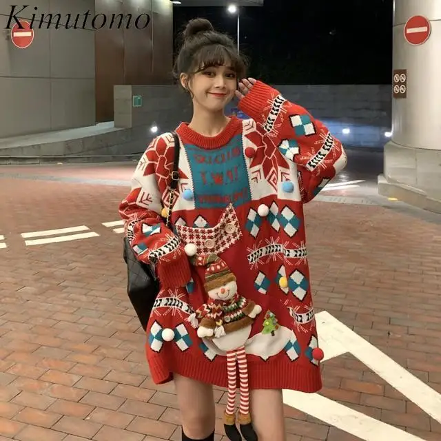 Kimutomo Atmosfera natalizia Maglione oversize rosso Maglioni decorativi tridimensionali Pullover coreano di media lunghezza a contrasto