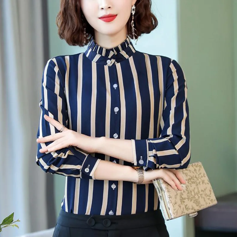 Elegant Lapel Button All-match Striped Shirt Women's Clothing 2023 Autumn New Oversized Casual Tops Loose Office Lady Blouse