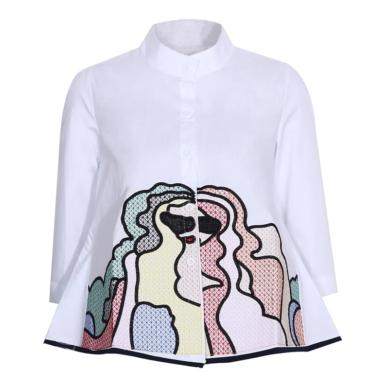 Blusa bordada de meia manga feminina, camisa com gola, moda verão, novo, 2024