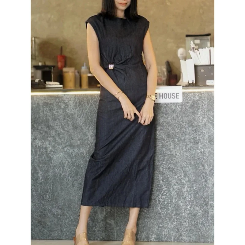 

Women's Vintage Sleeveless Denim Midi Dress with Metallic Decoration High Street Festival Elegant Fashion New Arrivals