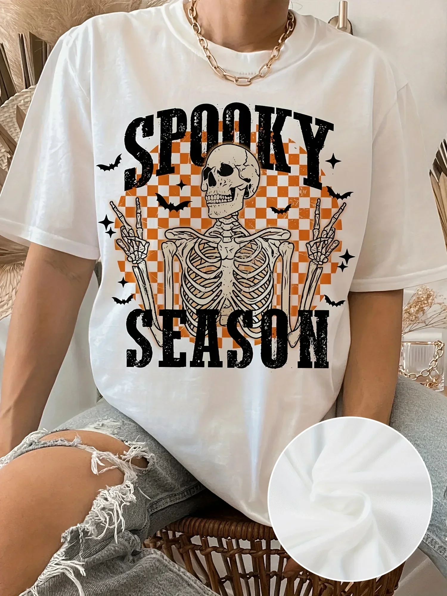 

Halloween Skeleton Print Casual Crew Neck T-Shirt for Women, Short Sleeve Summer Tops T Shirt Streetwear Women's Clothing