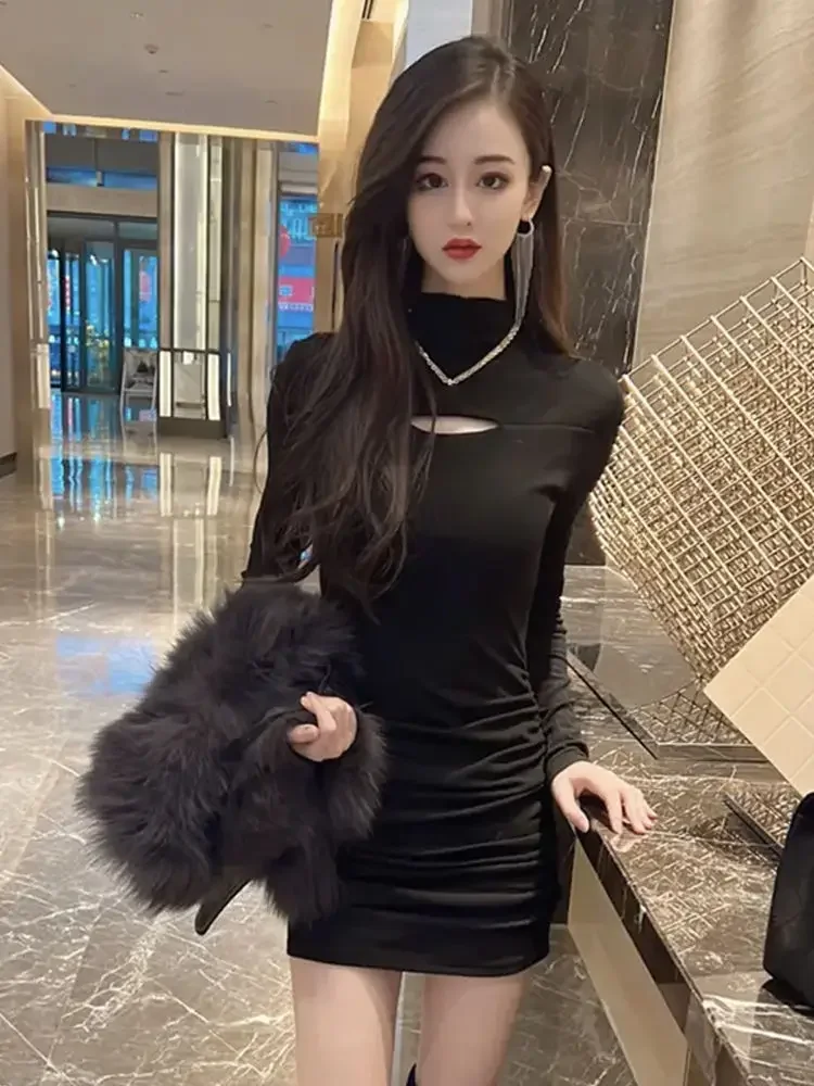 Tight Hollow Black Woman Long Sleeve Dress Bodycon Night Club Dresses for Women Corset Thic Trendy on Promotion Korean Style Hot