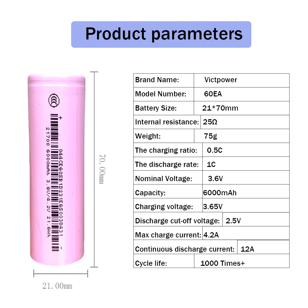 New 3.7V 21700-60Ea Rechargeable Battery 6000Mah Power Batteries, 2C Discharge, 21700 Lithium Battery Applies to Led Flashlight