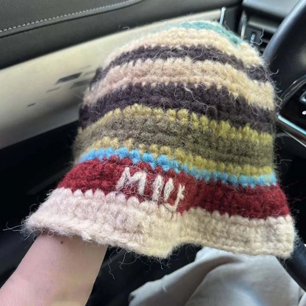 الموضة الدافئة محبوك قبعة بحافة مزاجه التباين اللون مخطط صياد قبعة يندبروف الكورية نمط المنسوجة حوض قبعة في الهواء الطلق #4