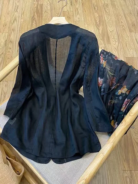 High-End Women's Summer Linen One-Button V-L ort-Sve Skinny Fit Coat Thin Long Sve Classic Bla Workwear