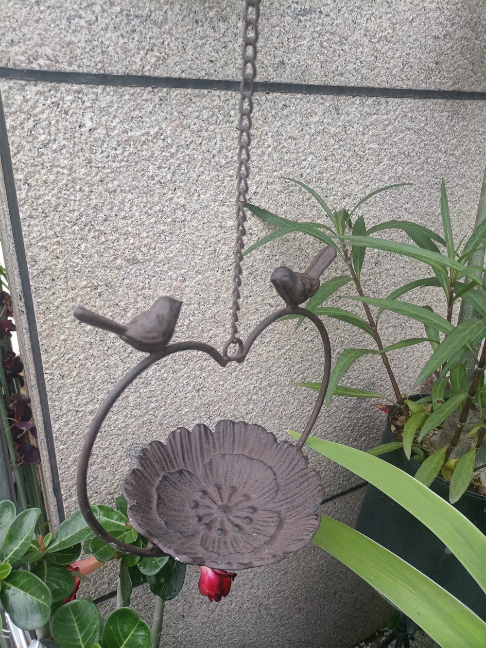 Antique Cast Iron Hanging Bird Feeder Birdbath Heart Handle Outline Design Vintage Garden Decor