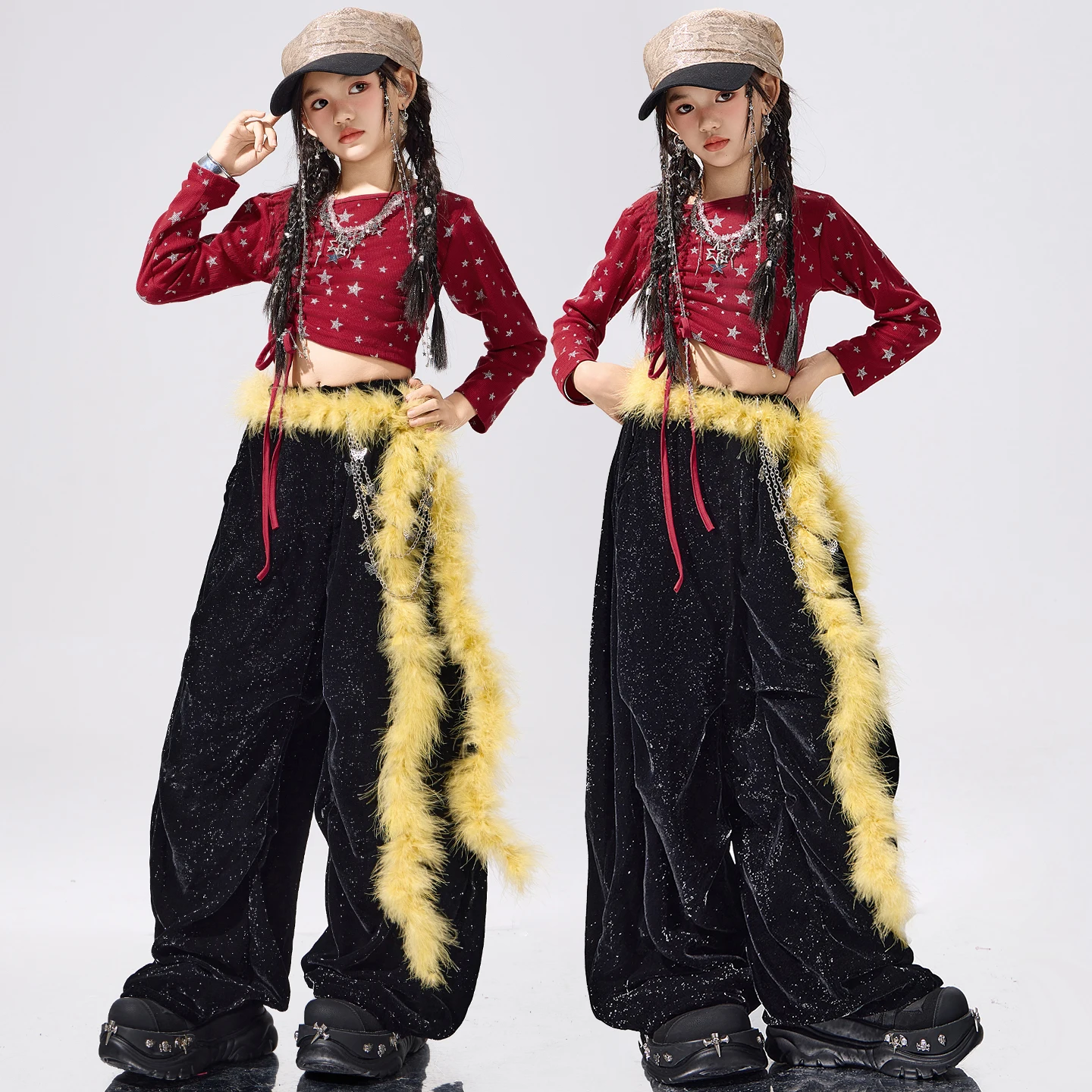 

Kpop наряд с блестками для девочек, блестящие танцевальные костюмы в стиле хип-хоп, красные укороченные топы, брюки, детская одежда для сценического шоу, одежда для джазовых уличных танцев