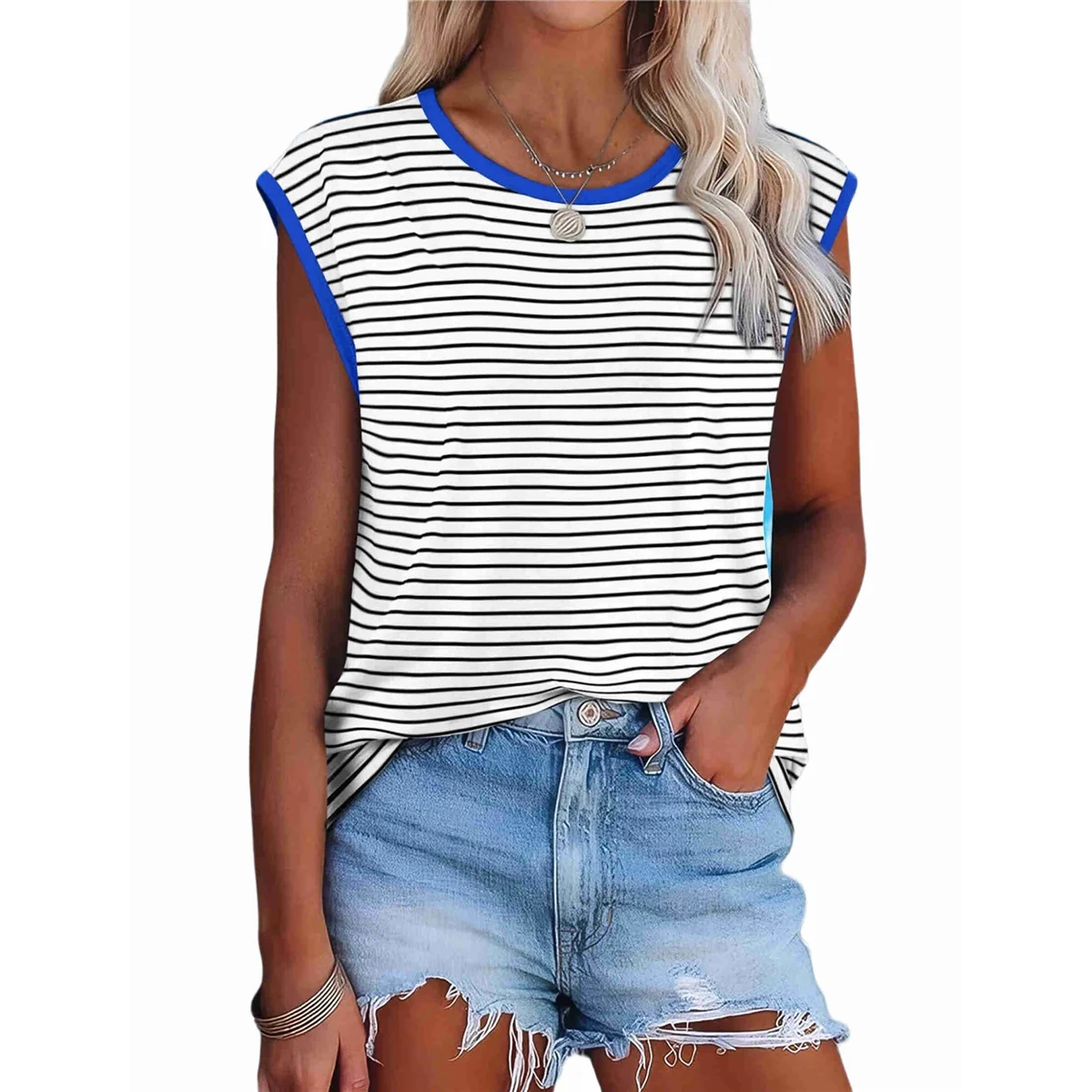 

Womens Tops Dressy Casual Summer Striped Shirts Cap Sleeve Tops Color Block Loose Fit Blue XL