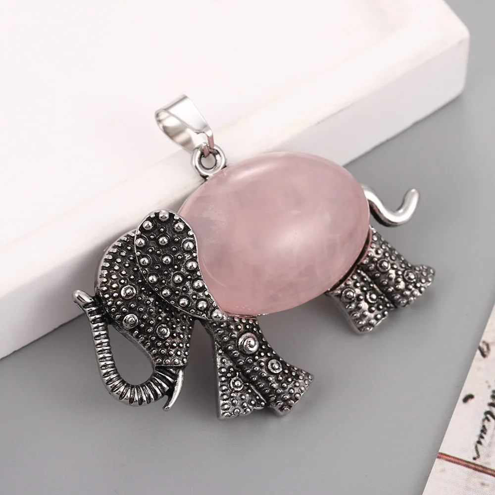 10pcs/lot  Lucky Elephant Natural Gem Stone Crystal Pendant Antique Animal Reiki Jewelry for Women Girls Lovely Pendant DIY
