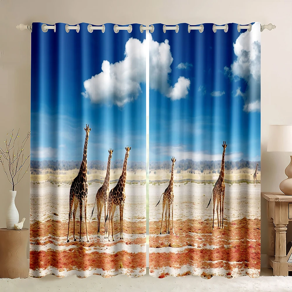 Giraffe Africa Window Curtains,Giraffe in African Savannah On Blue Sky Red Land Wild Animal Giraffe in Africa Blackout Curtains