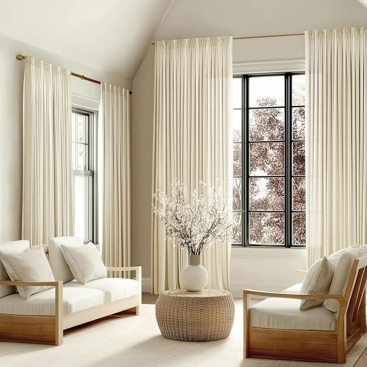 Heavy Duty Pinch Pleated Linen Curtains Semi Sheer for Living Room Light Filtering Back Tab Neutral Farmhouse Vintage Curtain