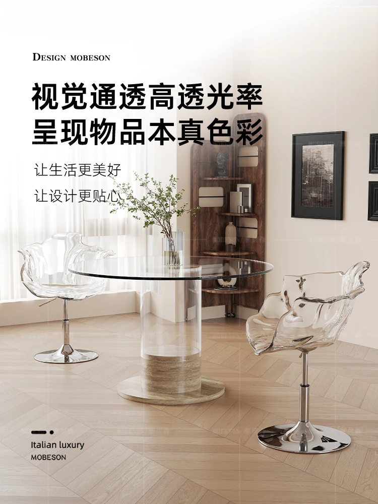 ชุดโต๊ะอาหารและเก้าอี้อะคริลิคทรงกลมแบบโปร่งใสสำหรับบ้านขนาดเล็ก