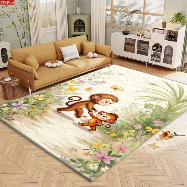 Watercolor Monkey Animal Floral Carpet Flooring Nature Scenery Printed Area Rug for Living Room Home Art Decor