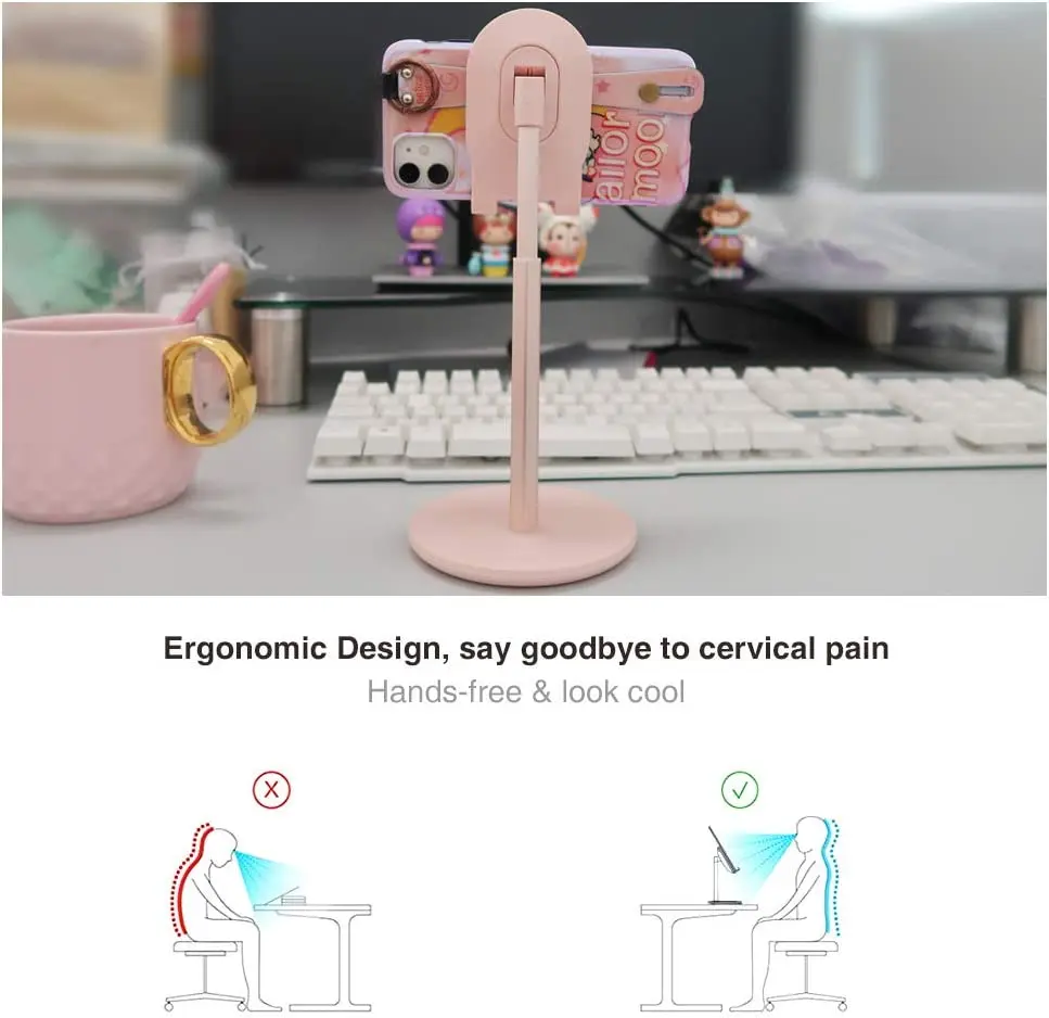 Giá Đỡ Điện Thoại, đá Sáng Góc Chiều Cao Có Thể Điều Chỉnh Máy Tính Bảng Điện Thoại Cho Bàn Làm Việc (4 "-10") Màu Hồng
