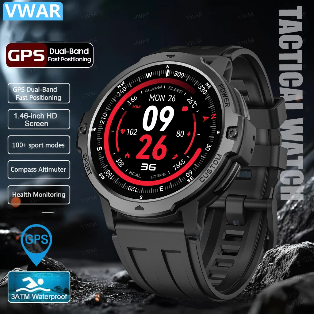 VWAR Tactical Smart Watch Dual-Band GPS GoMore Algorithm Smartwatch Men 3ATM Wateproof Compass Altimeter Sport Fitness Tracker
