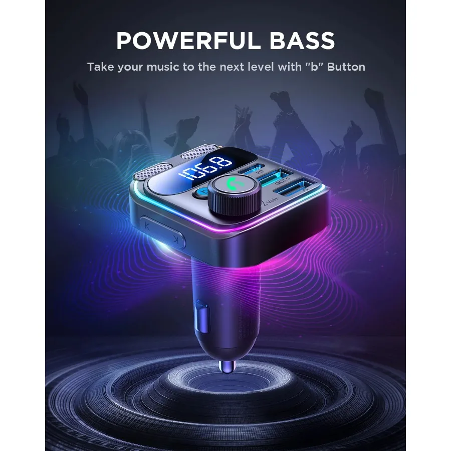 جهاز إرسال بلوتوث FM للسيارة، محول سيارة بلوتوث 5.3 لاسلكي، شاحن سيارة PD & QC 3.0 USB