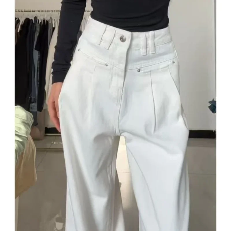 Calça jeans feminina vintage calças retas outono primavera moda feminina branco preto calças de perna larga jeans casuais