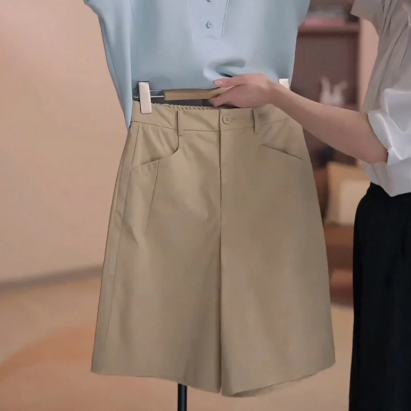 شورت بدلة بخمس نقاط للنساء صيفي رقيق وبسيط ومتعدد الاستخدامات بلون كاكي لباس خارجي على شكل حرف A سراويل غير رسمية #4