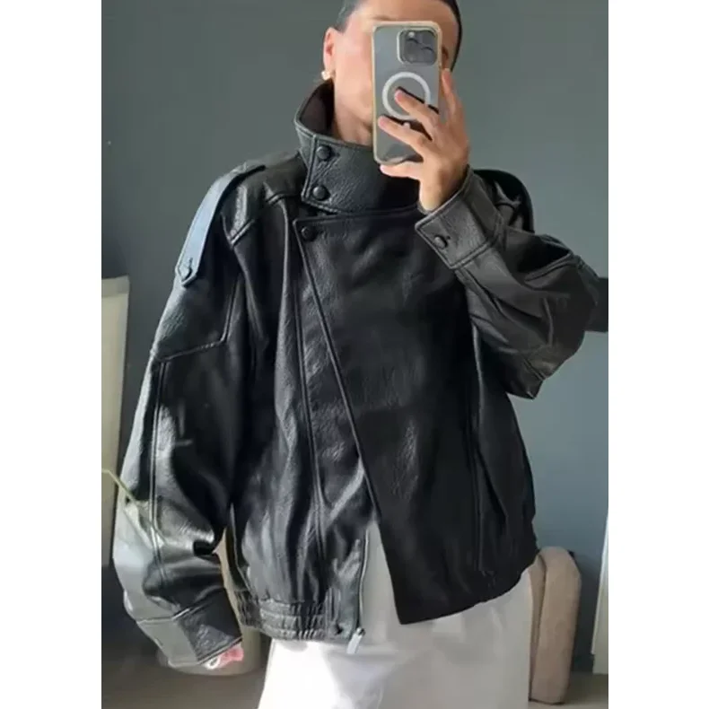 

Новая весенняя женская куртка-бомбер из искусственной кожи с воротником-стойкой, свободного кроя, для повседневной носки, из полиэфирного волокна