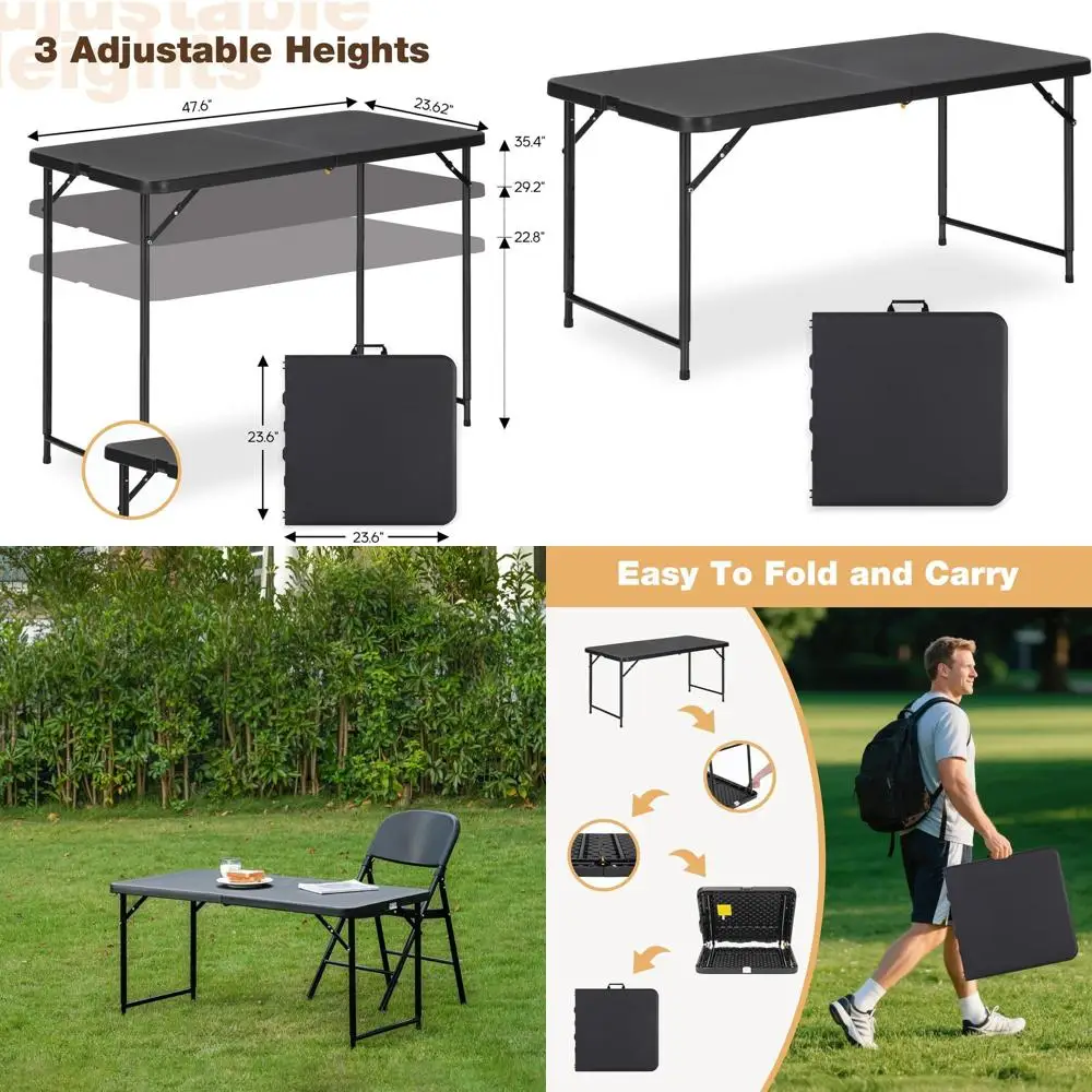 

Adjustable Height 4-Foot Folding Table with 3-Level HDPE Top and Steel Legs, Portable for Outdoor and Indoor Use, Suitable for P