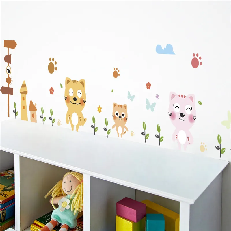 Loving Cat Wall Sticker For Kids Bedroom Decoration Cartoon Animals Mural Art Diy Home Decor Decal Peel And Stick