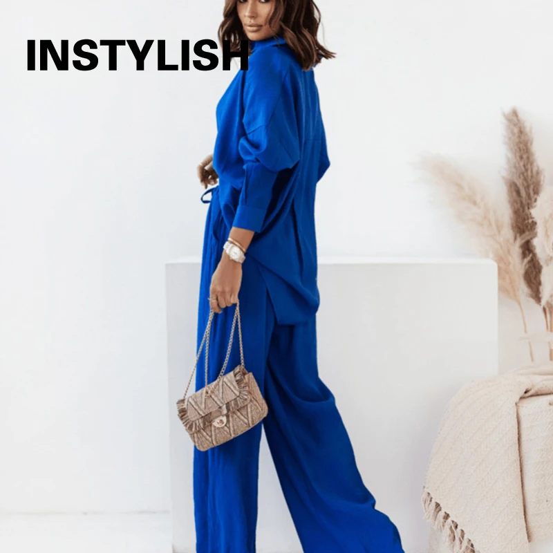 2 Piece Sets Women Outfit Elegant Long Sleeve Lapel Shirt and Elastics Waist Wide Leg Pants Suits Casual Solid Tracksuit 2023