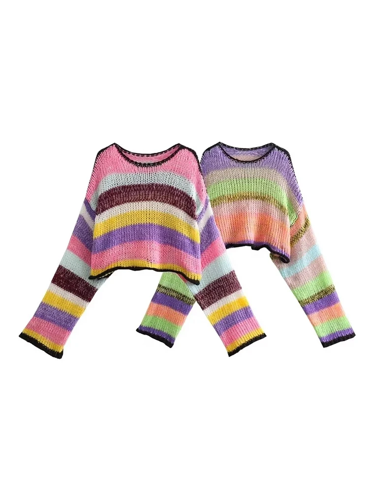 Kar&Otza-2024 autumn and winter new women\'s fashion rainbow striped pullover sweater loose lazy long-sleeved knitted cardigan