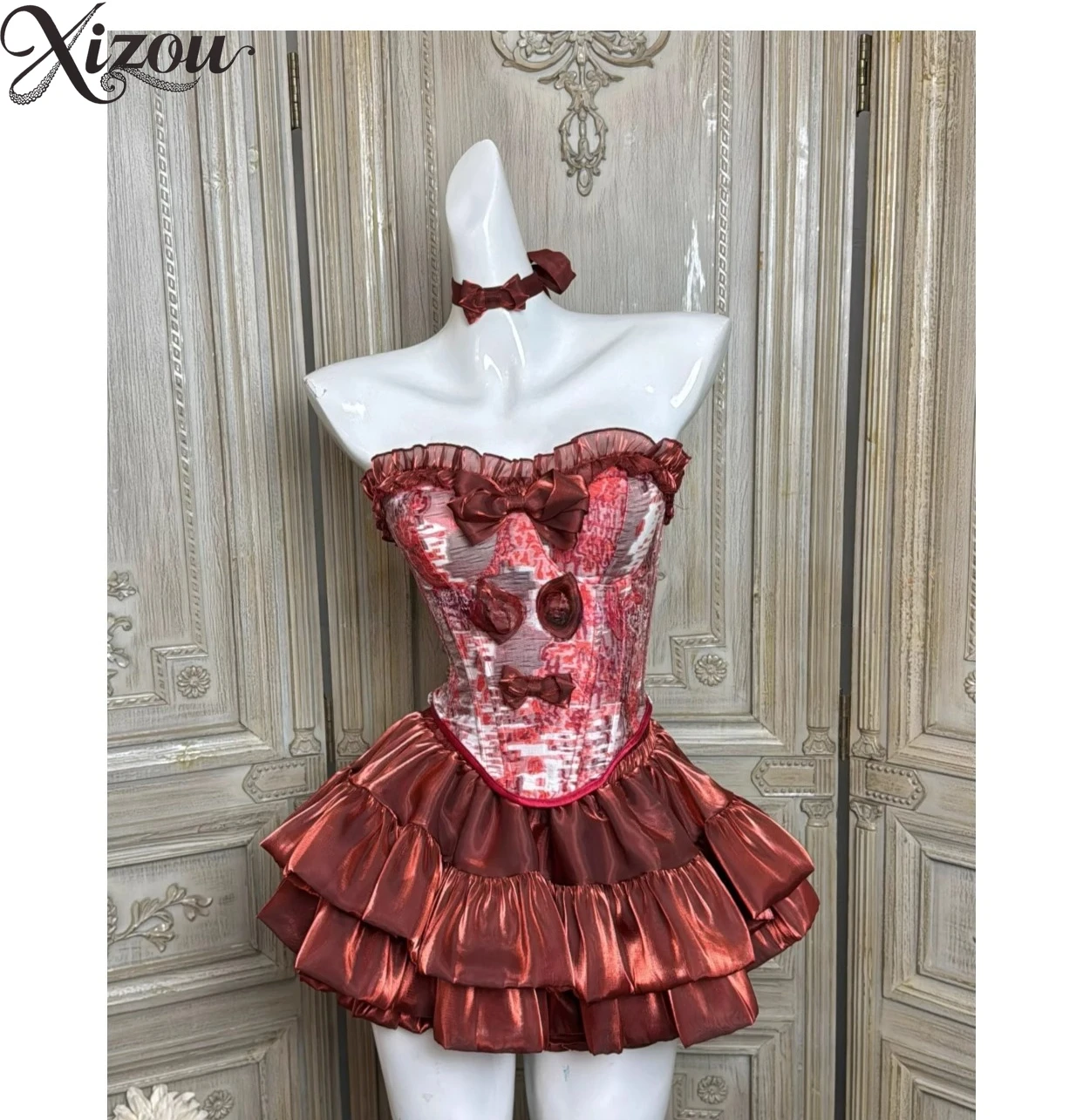 2025 Summer Women Girl Dresses Sets Red Princess Hepburn Tube Top Strapless Satin Tulle Bow Trailing Evening Party Cuff Slim Fit