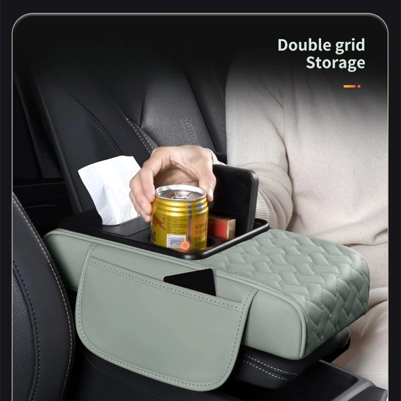 

Multi-Functional Car Armrest Pad - Leather Elbow Cushion with Tissue Box & Drink Holder, Protector Accessory