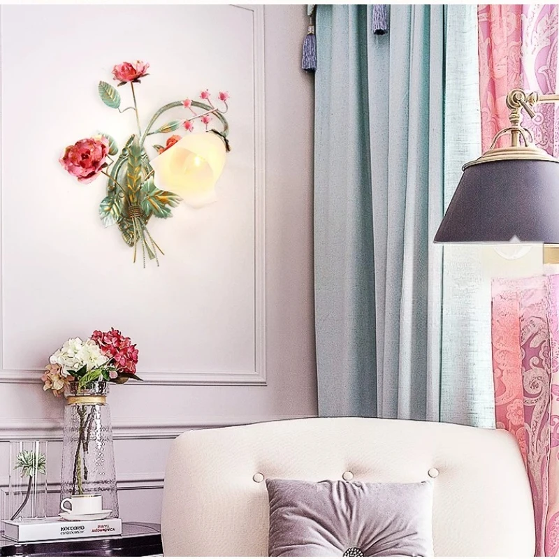 Rural wrought iron bedside lamp, flower and grass mirror, front decorative lighting, double headed hallway, room wall lamp