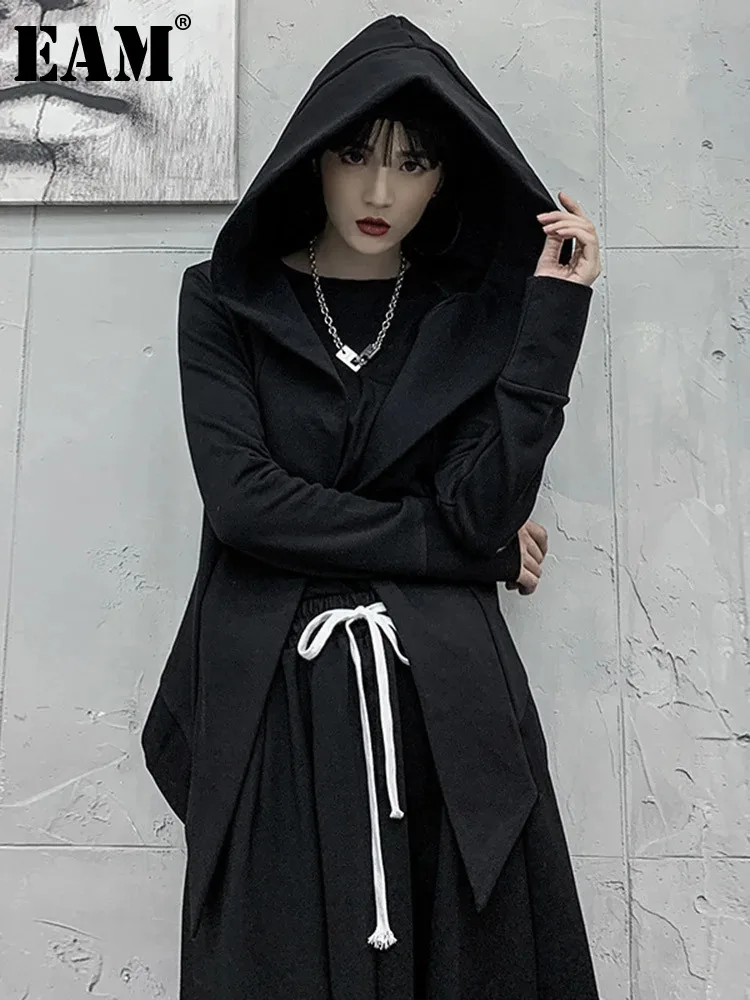 

[EAM] Loose Fit Black Irregular Casual Jacket New Hooded Long Sleeve Women Coat Fashion Tide Spring Autumn 2024 1DF4696