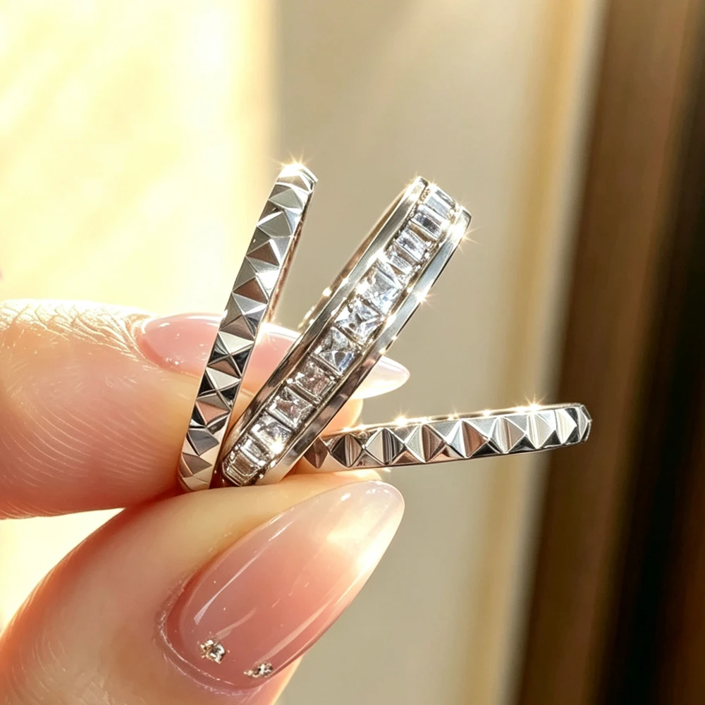 Yupsk 3pcs/set Sliver Gold Color Stainless Steel Ring Set Simple Check Pattern Stackable Rings Engagement Wedding Jewelry Gifts