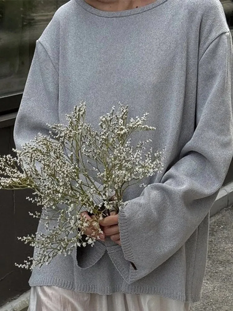 

Elegant Solid Hollow Out Backless Top Women Long Sleeve Round Neck Loose Short Sweater 2025 Ladies Autumn High Street Daily Wear