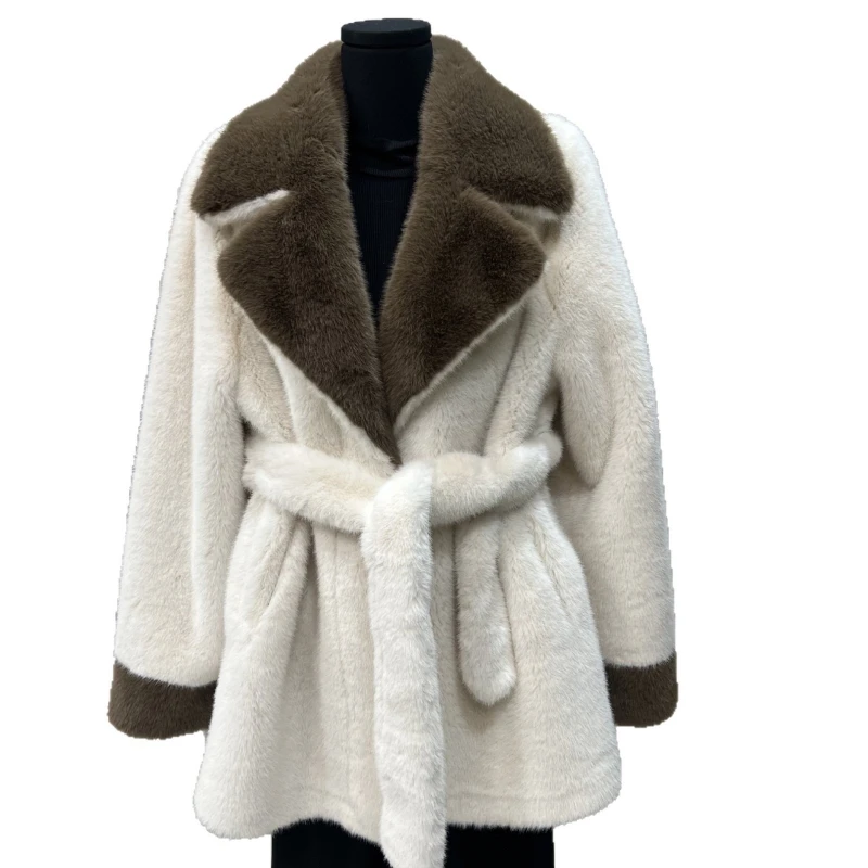 Women Faux Fur Mid Length Coats Jackets Turn Down Collar Lace Up Tight Waist Coat Thick Warm Y2k Streetwear Jacket Autumn Winter