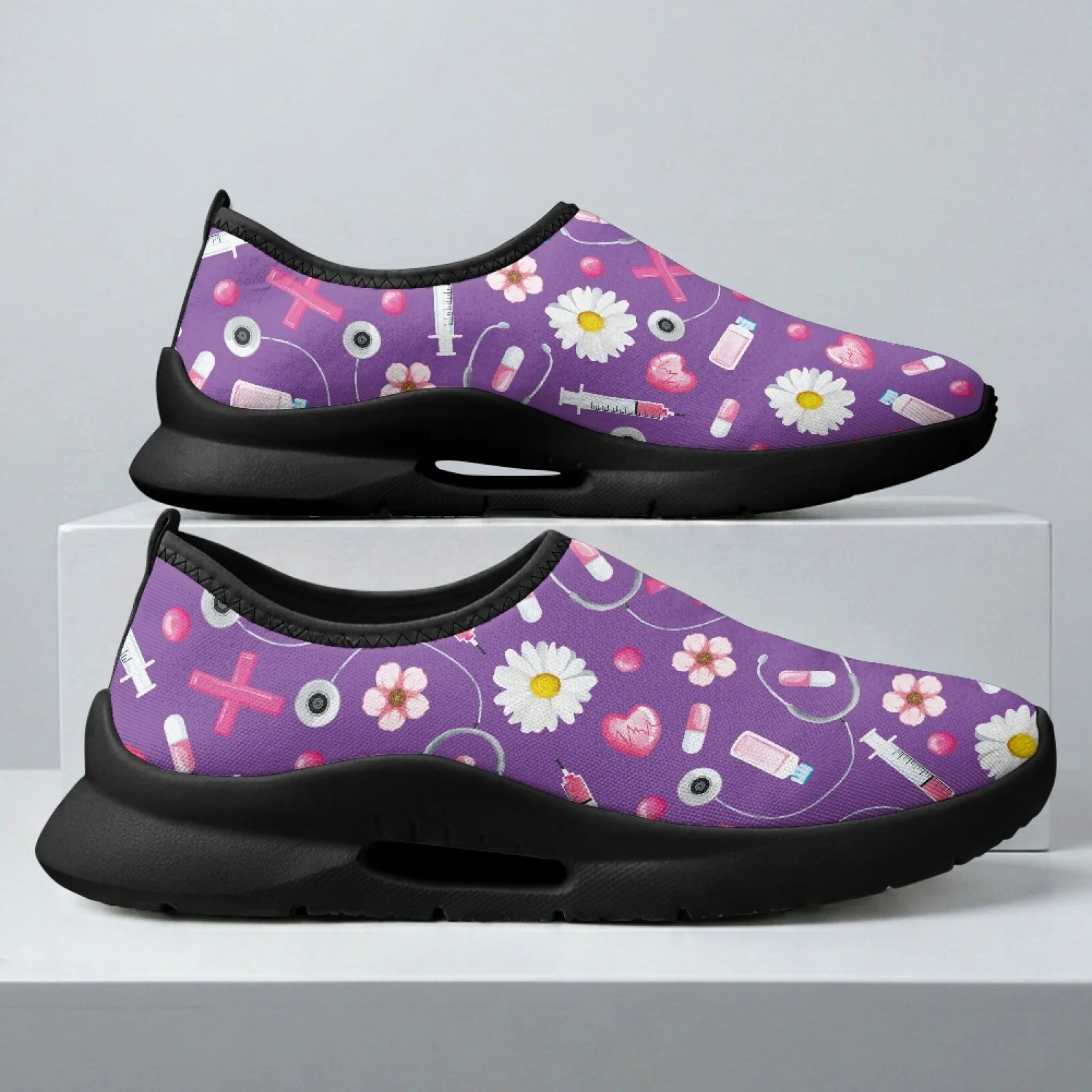 PENSTROLL Purple Flowers Classic Mid Heel Sneakers for Men Summer Mesh & EVA Walking Shoes Slip On Shoes