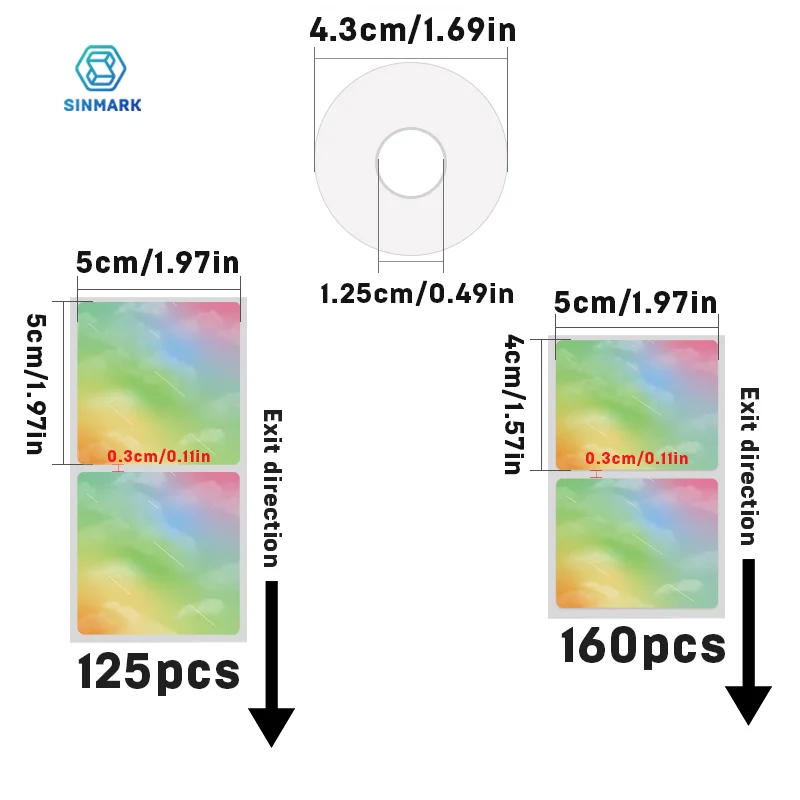 SINMARK цвета радуги, термонаклейки, радужная наклейка, подарочная бирка, водонепроницаемый размер, подходит для термопринтера Phomemo